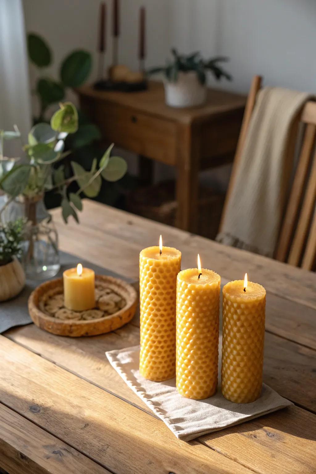 Artisan beeswax lights evoke warmth and rustic charm.