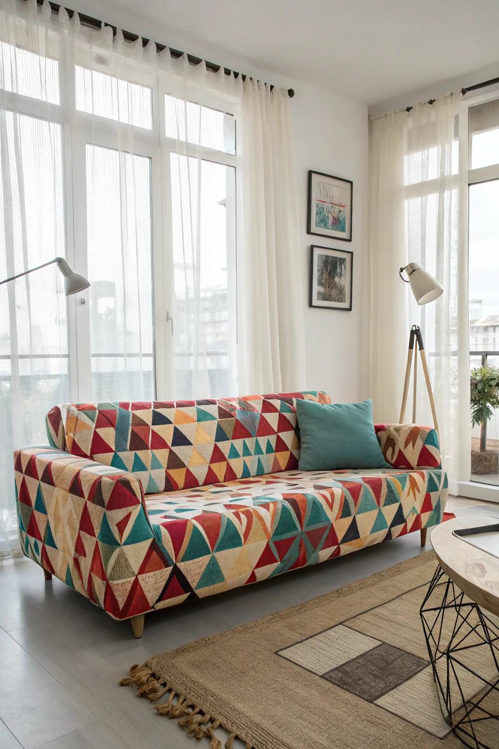 Eye-catching patterns can elevate a simple couch into a statement piece.