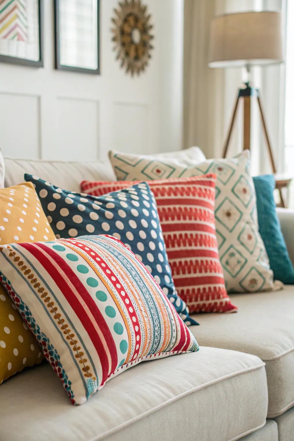 An energetic blend of patterned pillows adds personality to the sofa.