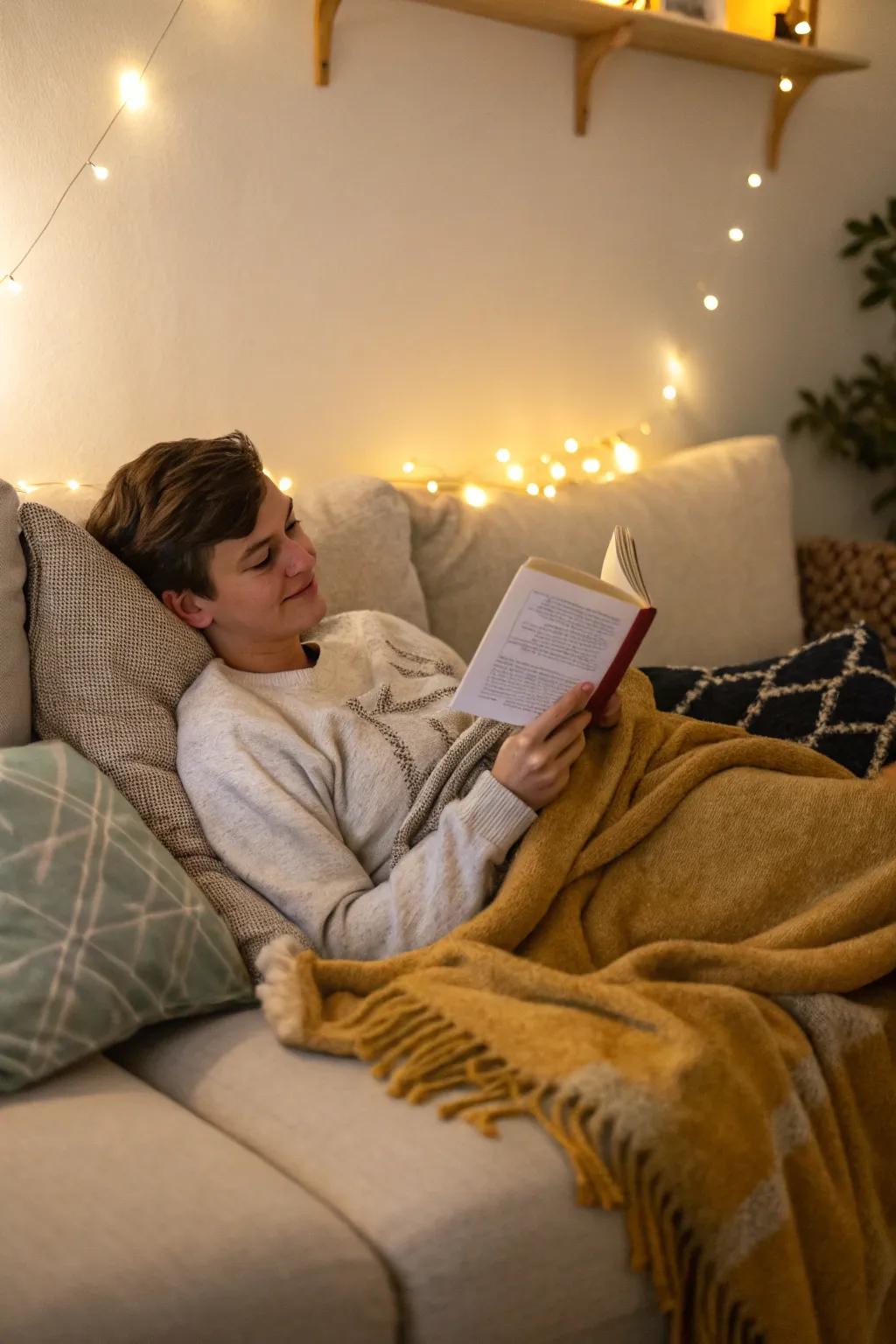 Relaxed lounging with a book creates a serene and stylish moment.