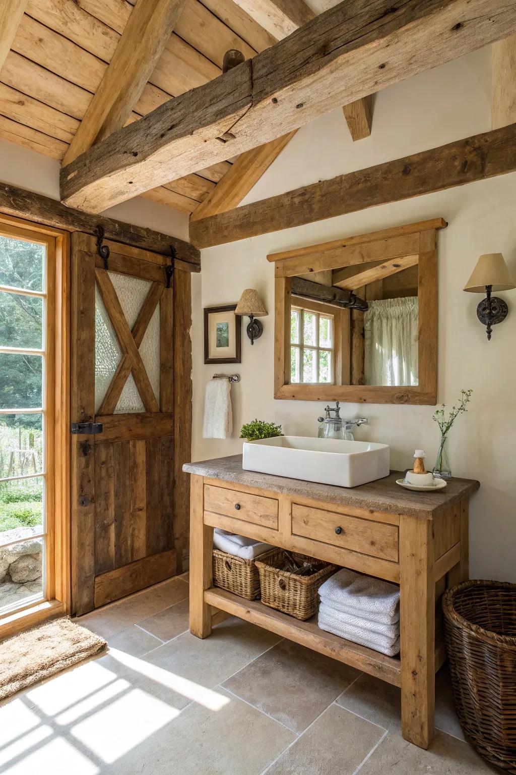 A country bathroom that highlights the splendor of natural timber components.