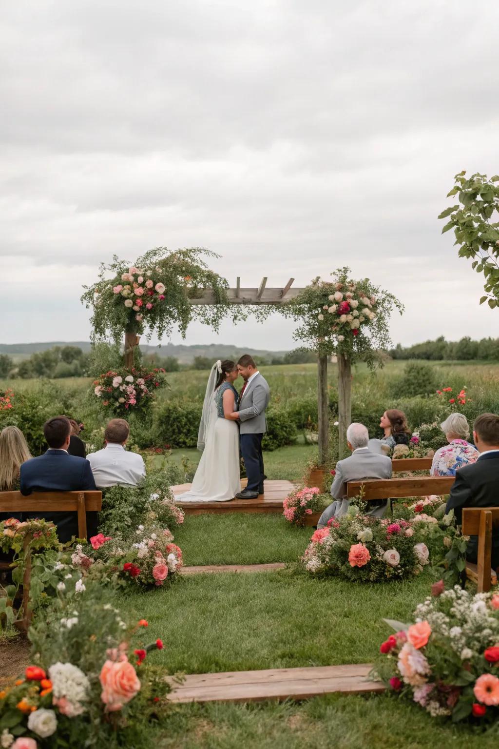 A captivating countryside wedding ceremony nestled within a flourishing garden backdrop.