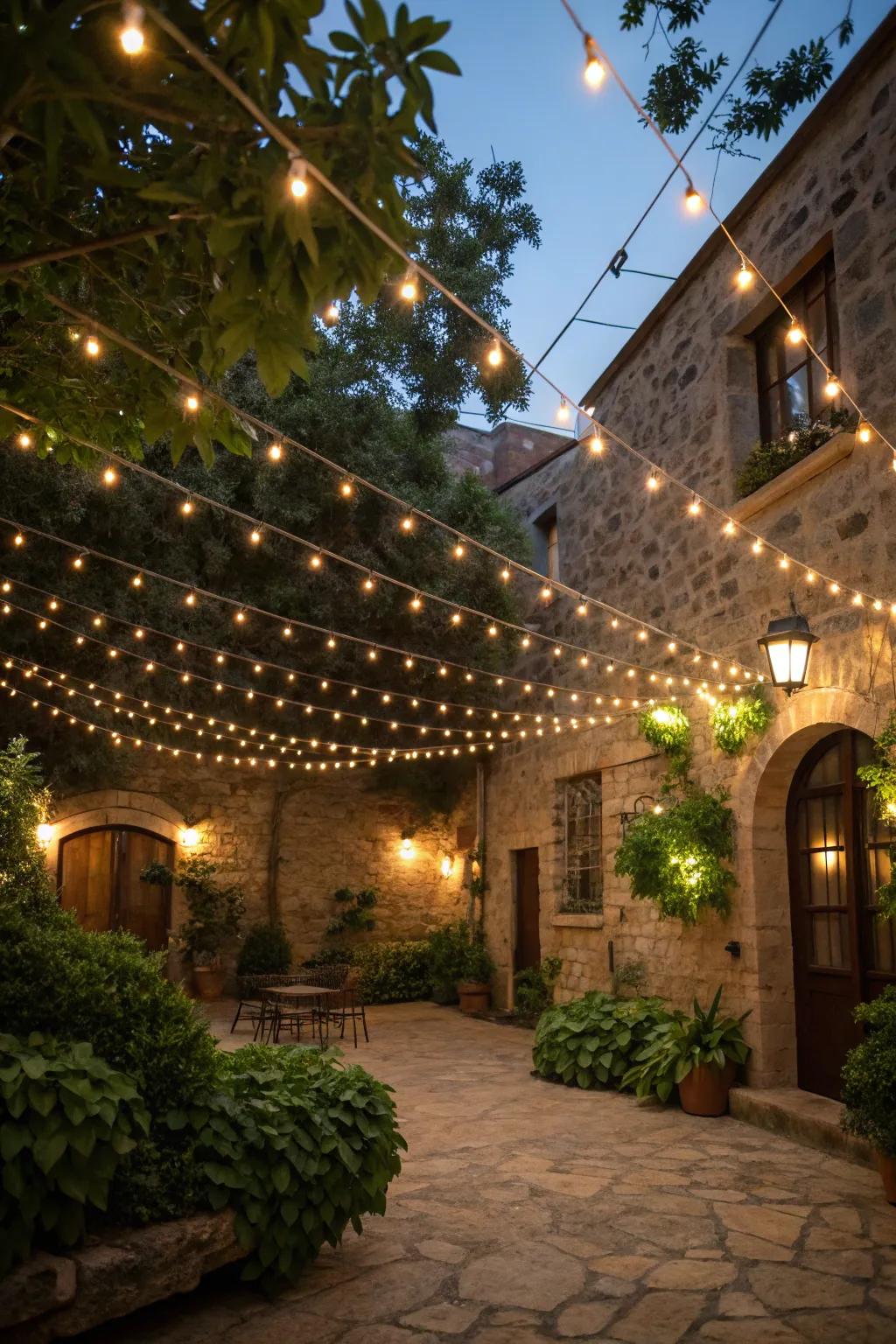 Twinkling lights evoke a starry ambiance in a snug courtyard.