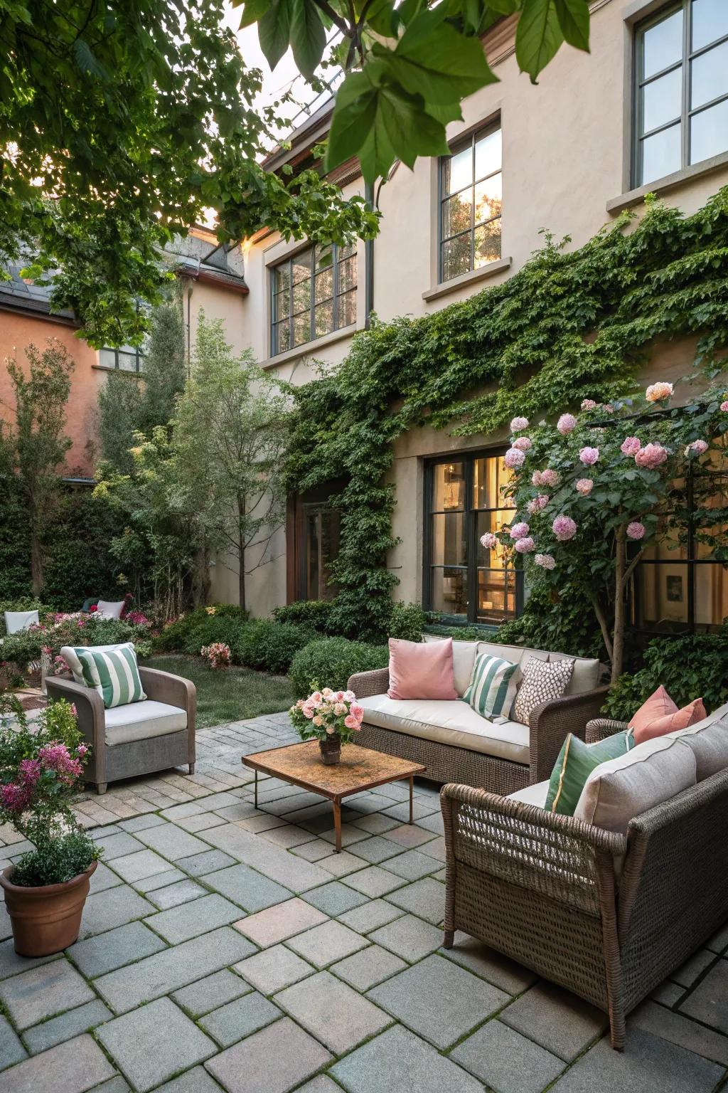 Design a welcoming seating zone with cozy furniture situated on your courtyard pavers.