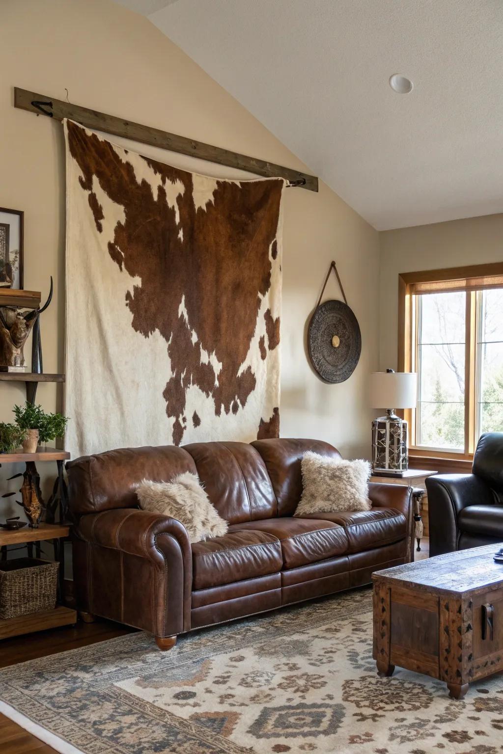 An eye-catching pelt hanging becomes the focal point within a stylish living area.
