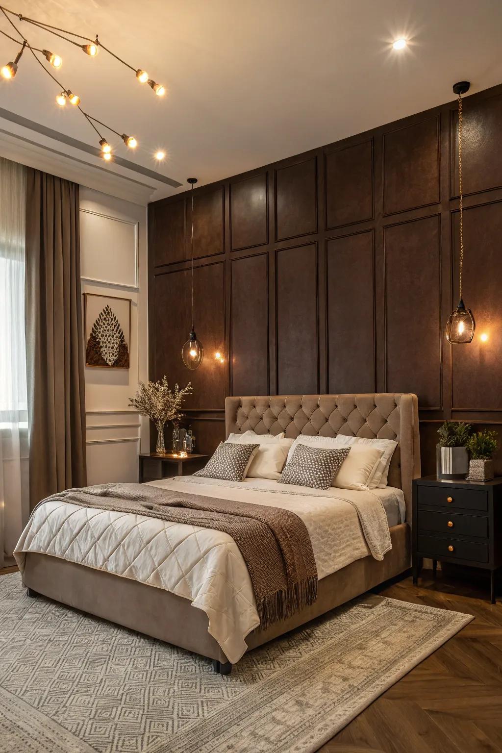 A bedroom showcasing a striking cocoa focal wall beautifully contrasted by lighter décor.