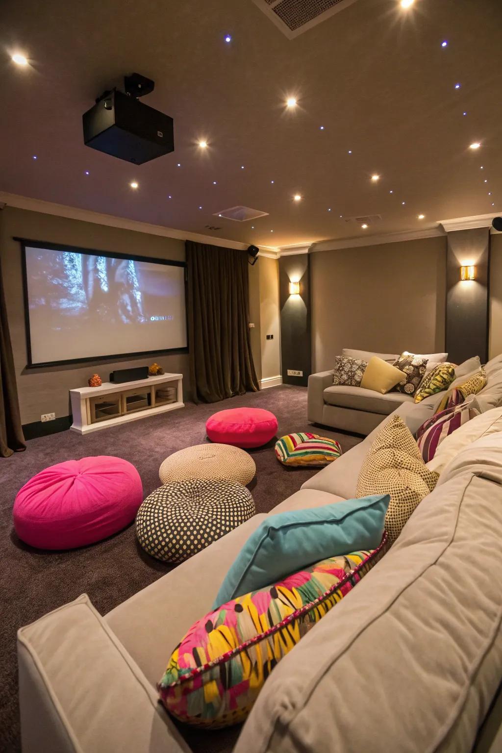 Sumptuous seating and ground pillows make for an enjoyable movie marathon.