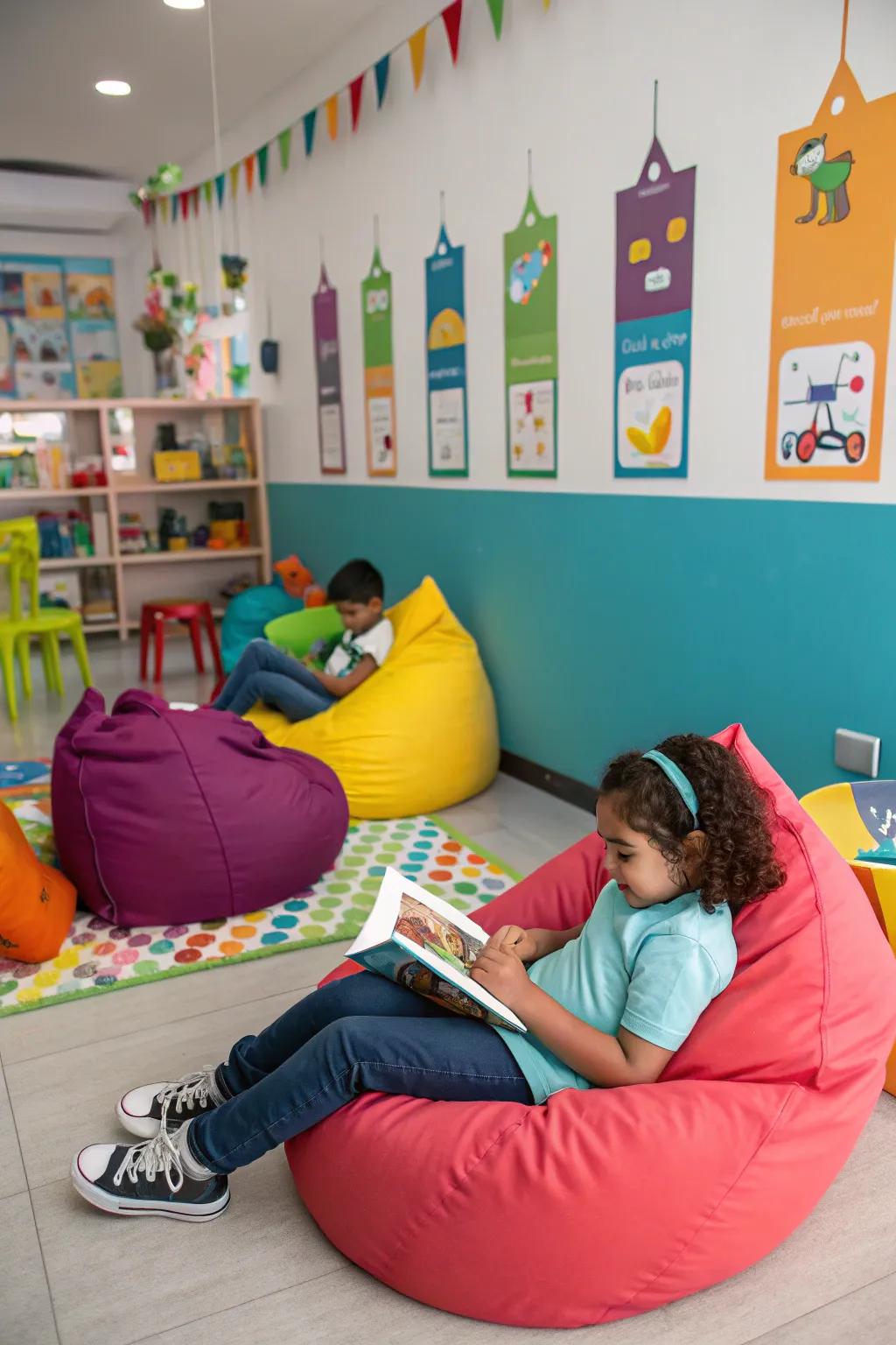 Inviting cushion seats cultivate a relaxed setting for preschoolers.