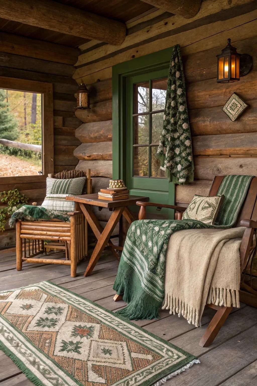 A log cabin interior that highlights nature-inspired hues and earthy textures.
