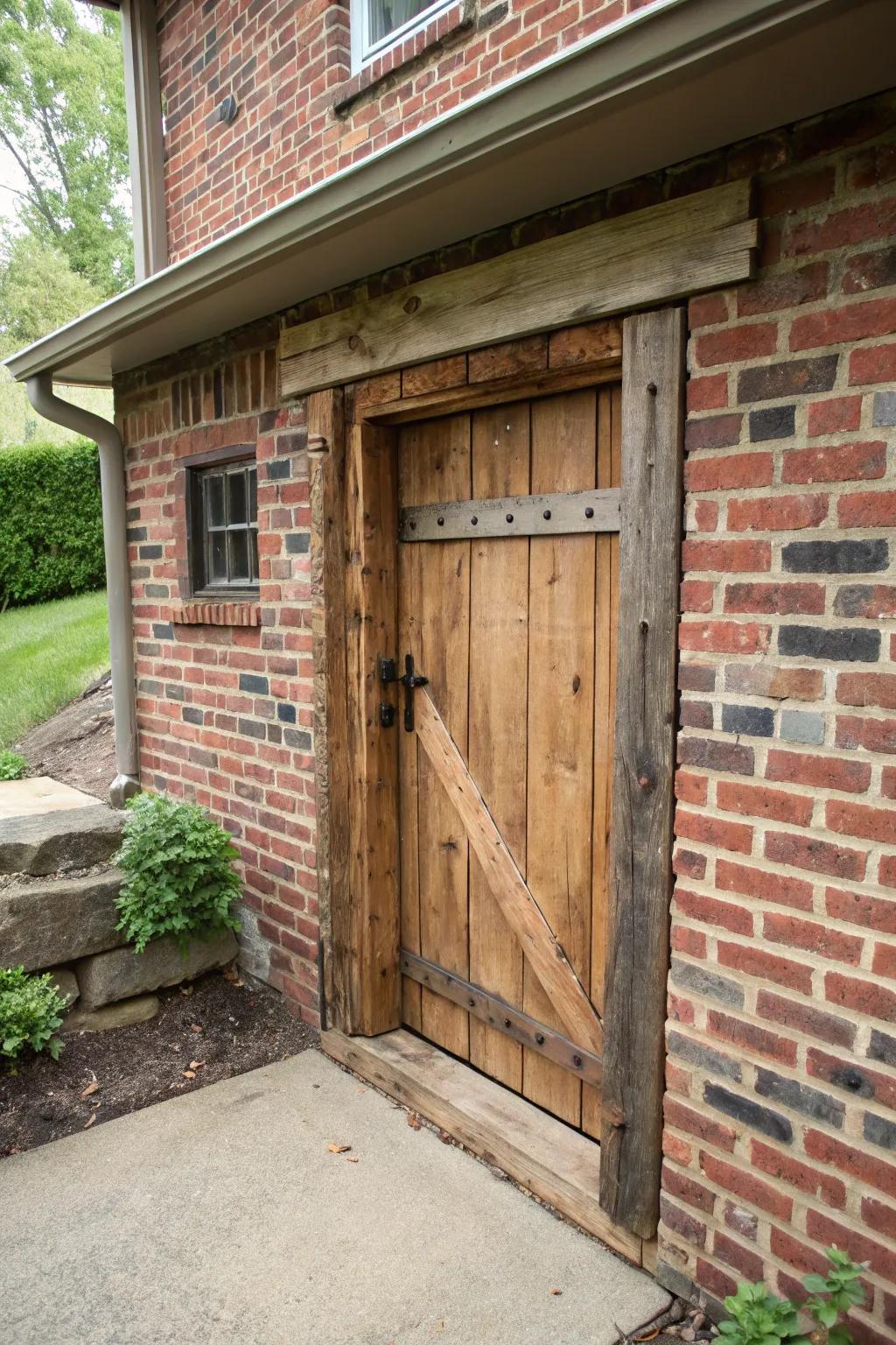 A rustic wooden access panel enhances the timeless appeal of a brick-clad residence.
