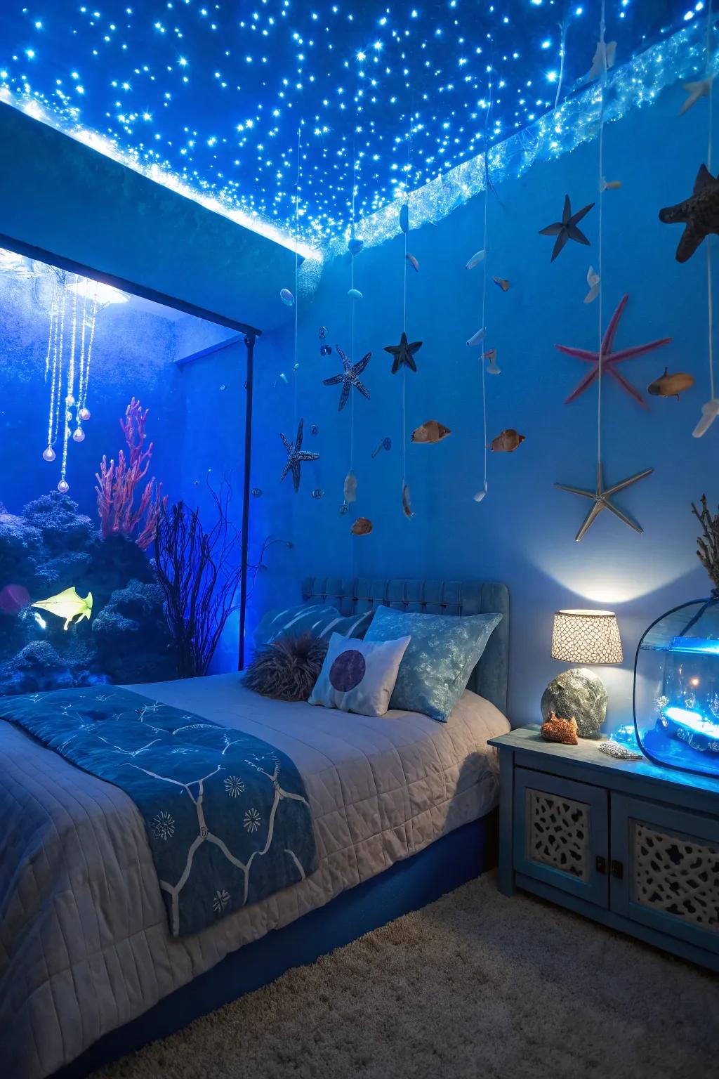 A bedroom inspired by underwater themes featuring gentle blue lighting and marine life accents.