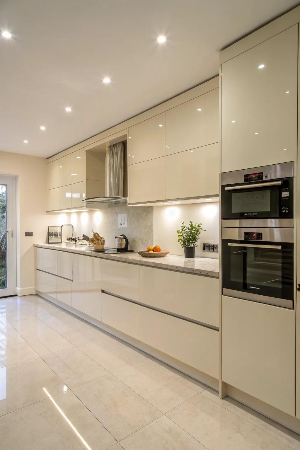Sleek streamlined cupboards in a cream gloss finish for a smooth, modern design.