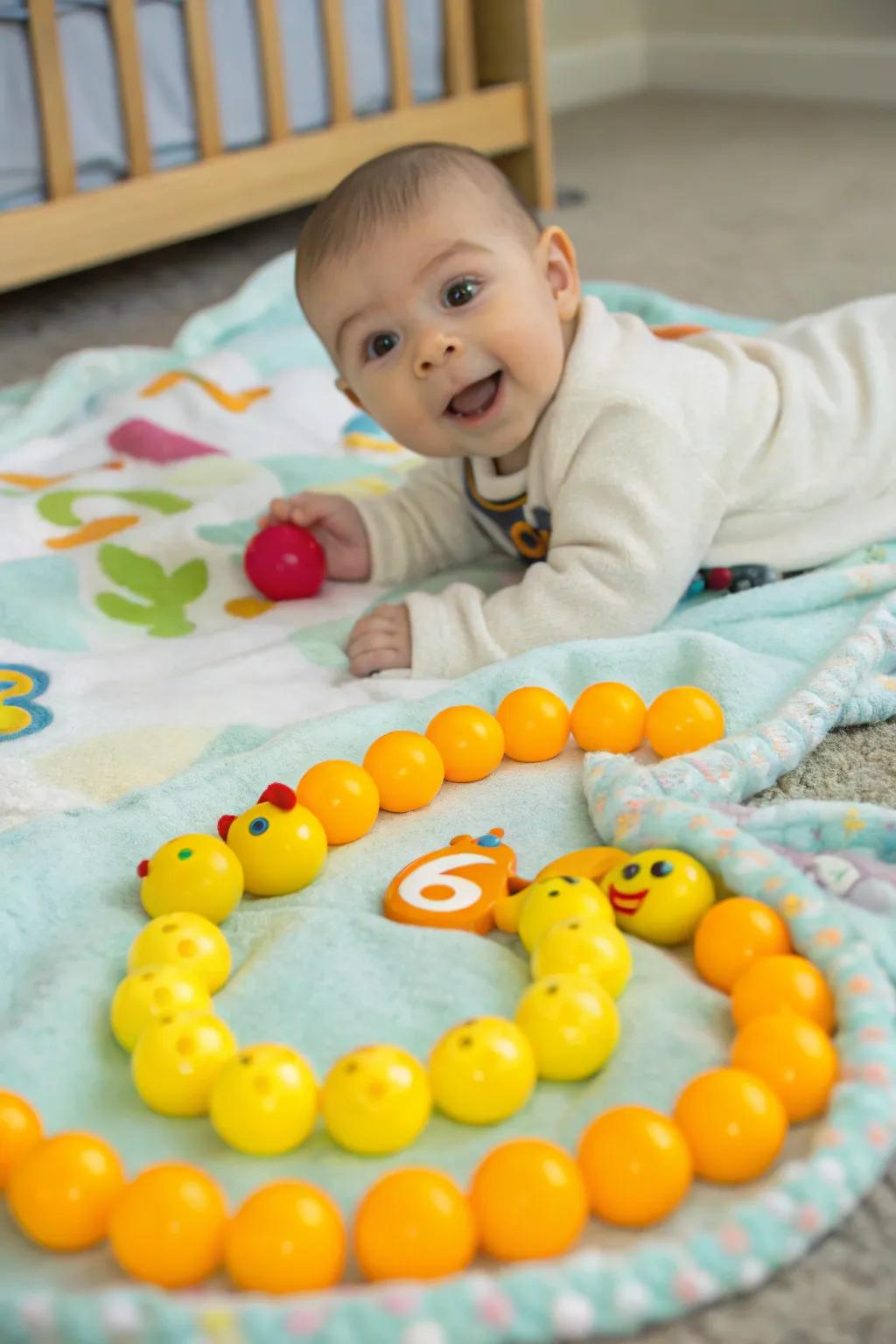 Inventive usage of toys to commemorate six months of delight.