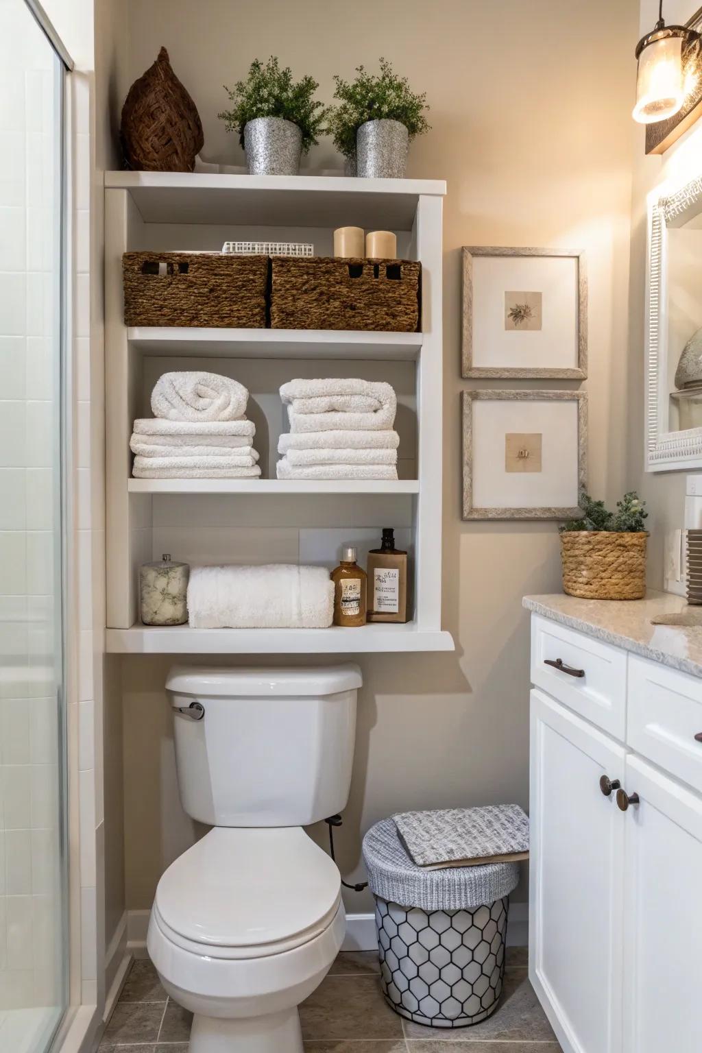 Shelves above the loo are a marriage of practical storage and visual appeal.