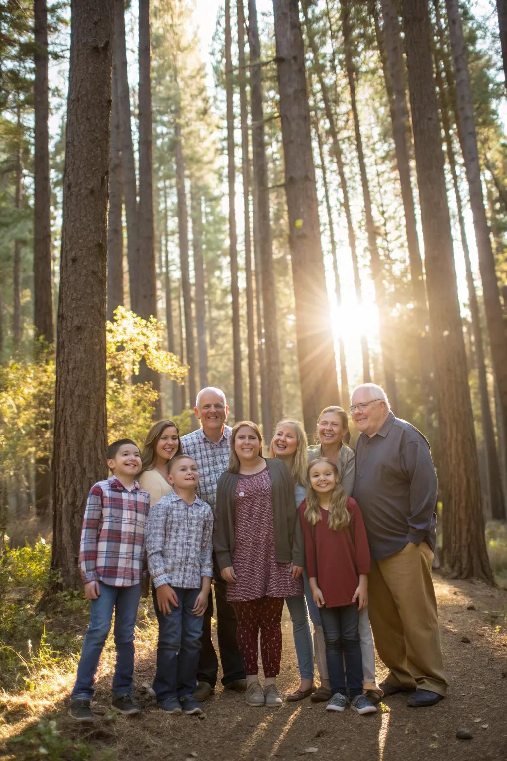 Outdoor settings naturally enhance family photographs with their scenic allure.