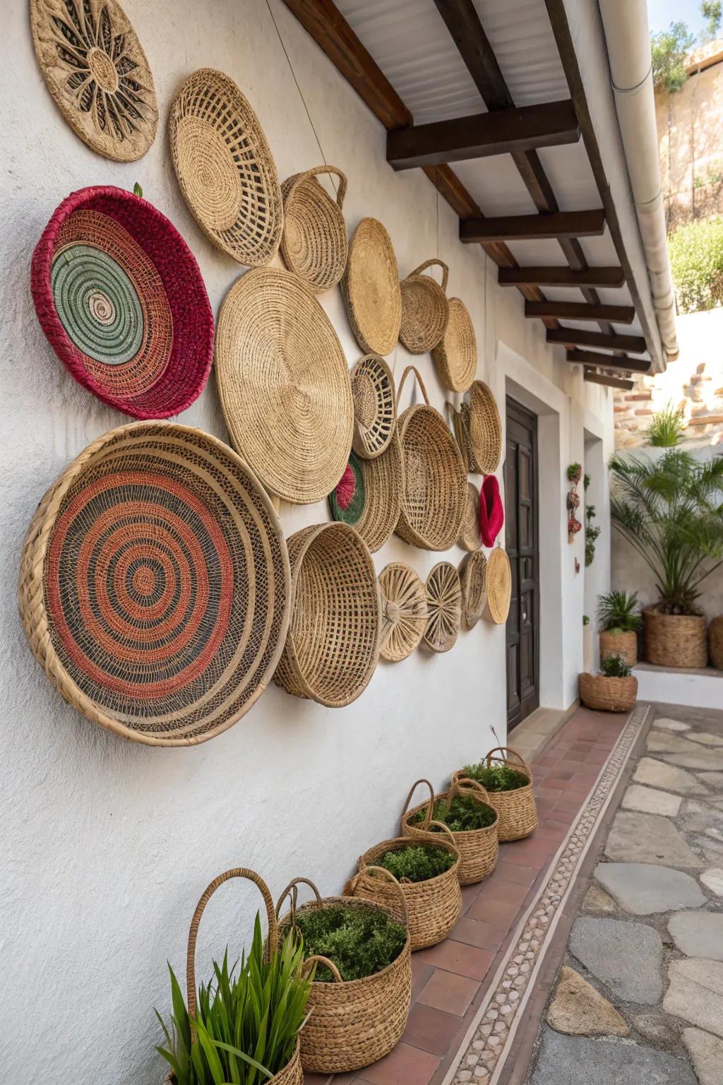 Woven wonders add depth and allure to the living room wall.