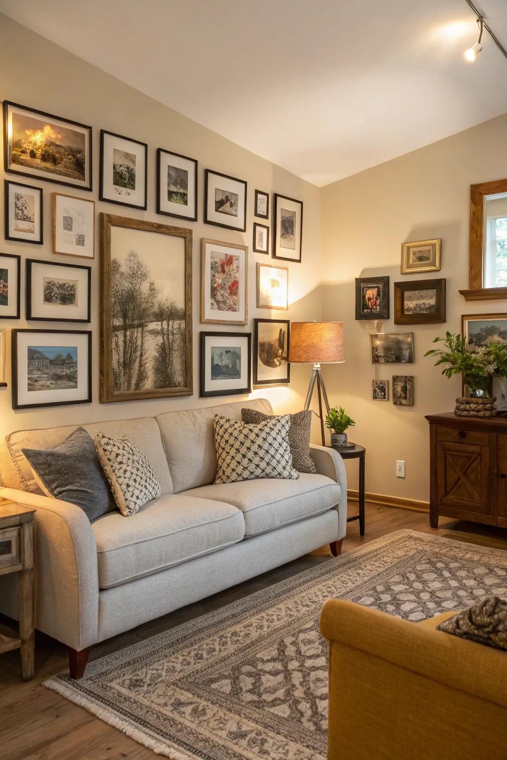 A gallery wall can instill warmth and personality into any living space.