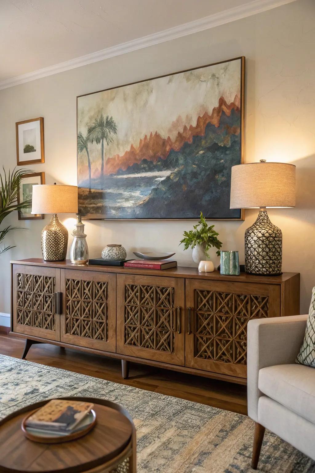 A sideboard accentuated by a commanding abstract painting.