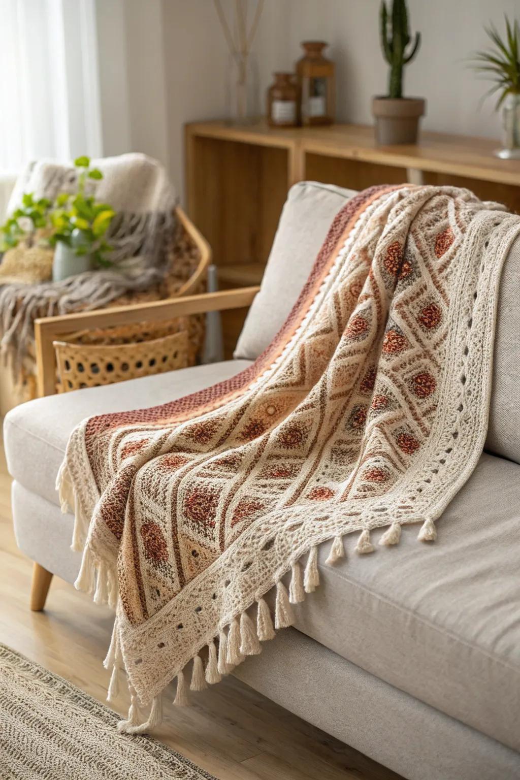 Surround yourself with warmth and style with this handmade crochet blanket, the perfect addition to your minimalist retreat.