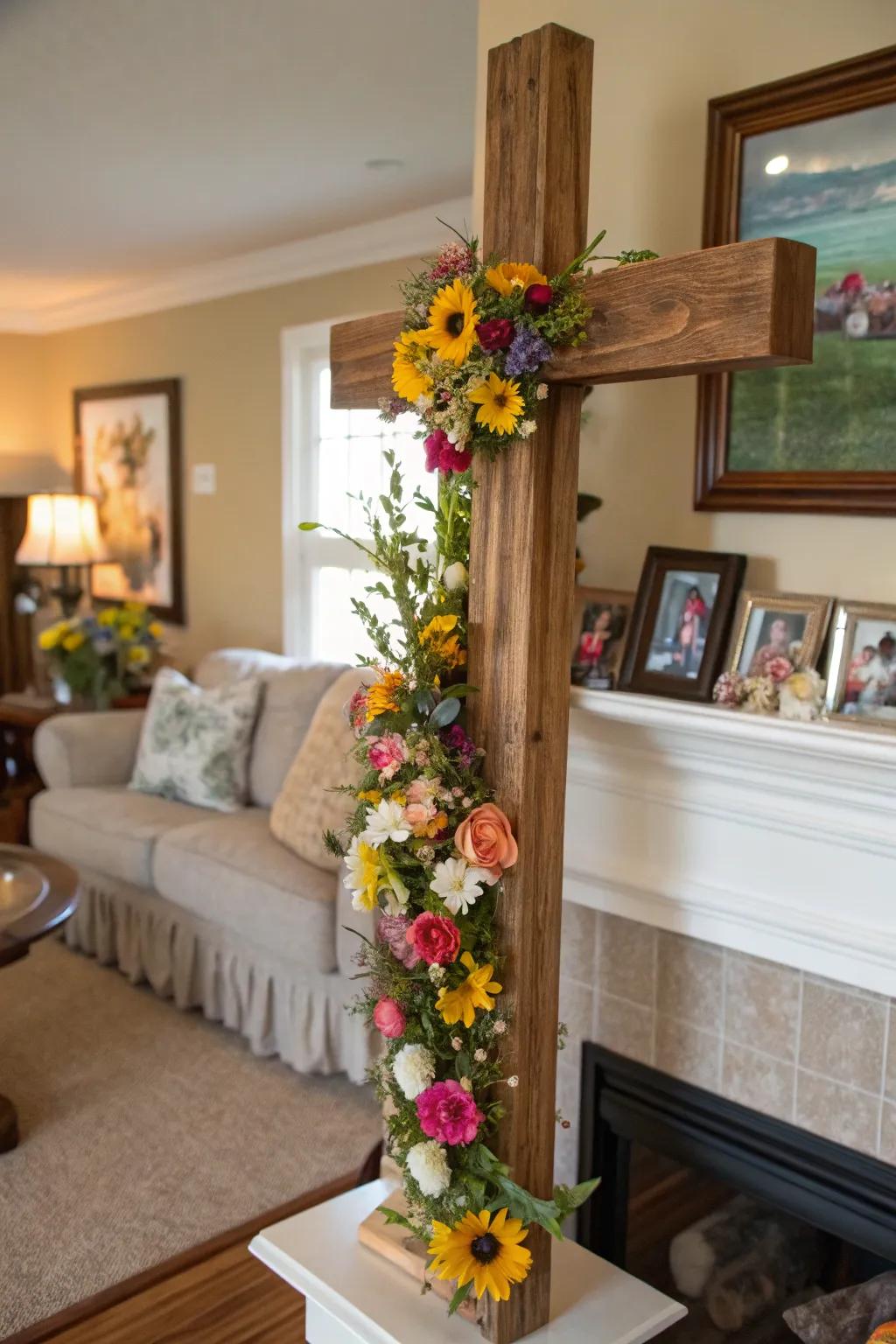 A timbered cross exquisitely embellished with recent spring flowers