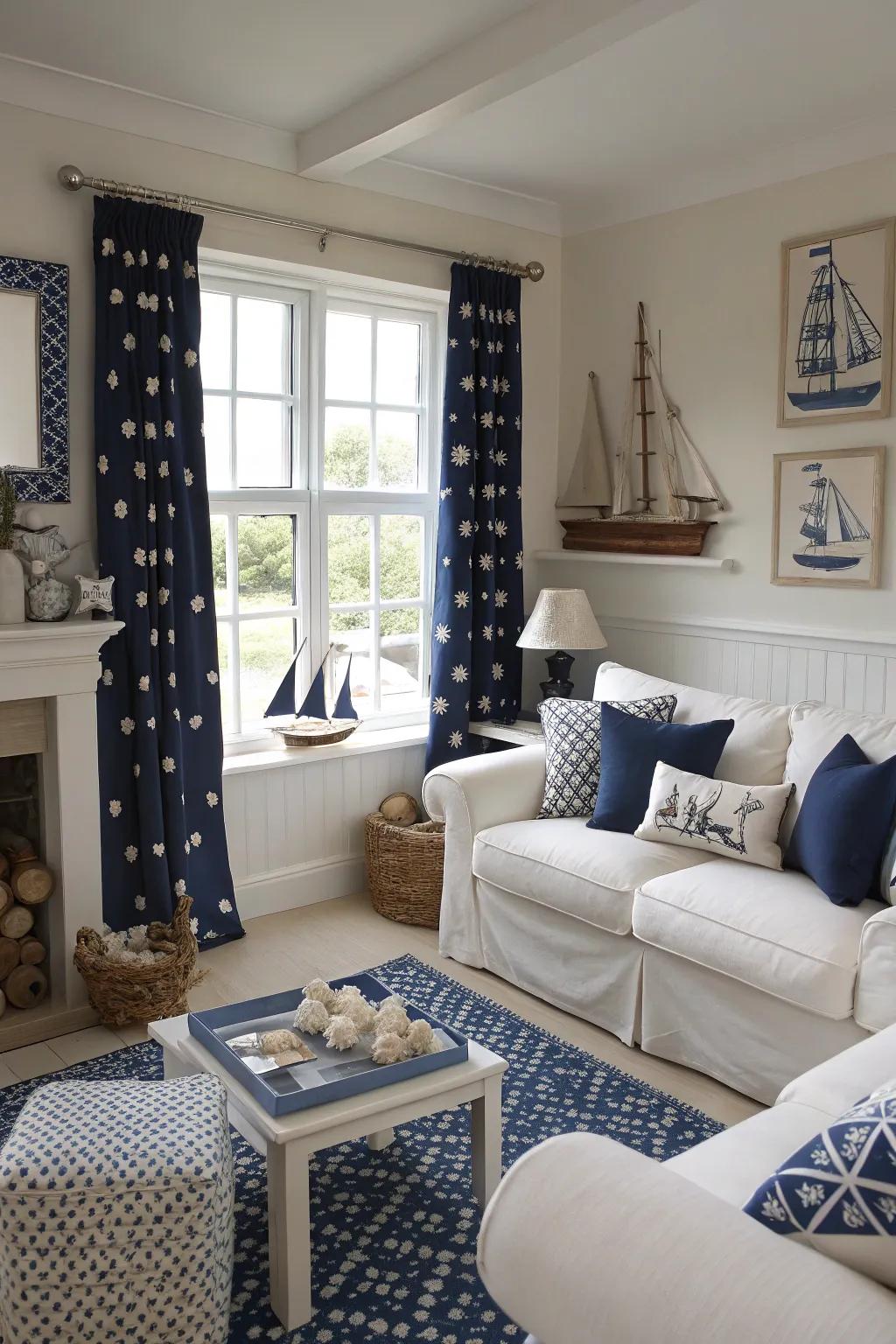The timeless combination of navy and white creates a classic nautical aesthetic.