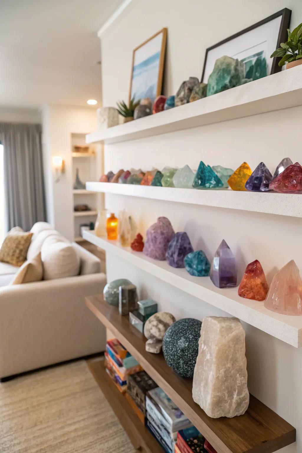 Sleek shelves showcasing a stunning crystal collection arranged by color.
