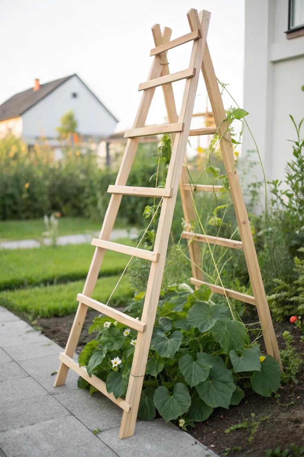 Enhance your garden with an A-frame trellis made of wood, where natural beauty and simplicity collide.