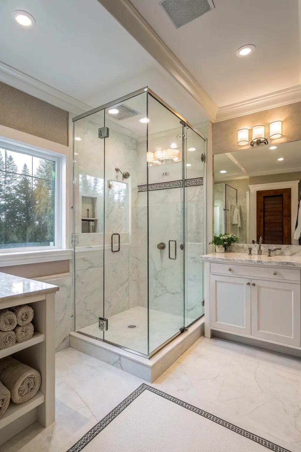 Glass entrances amplify the streamlined nature of mineral composite showers.