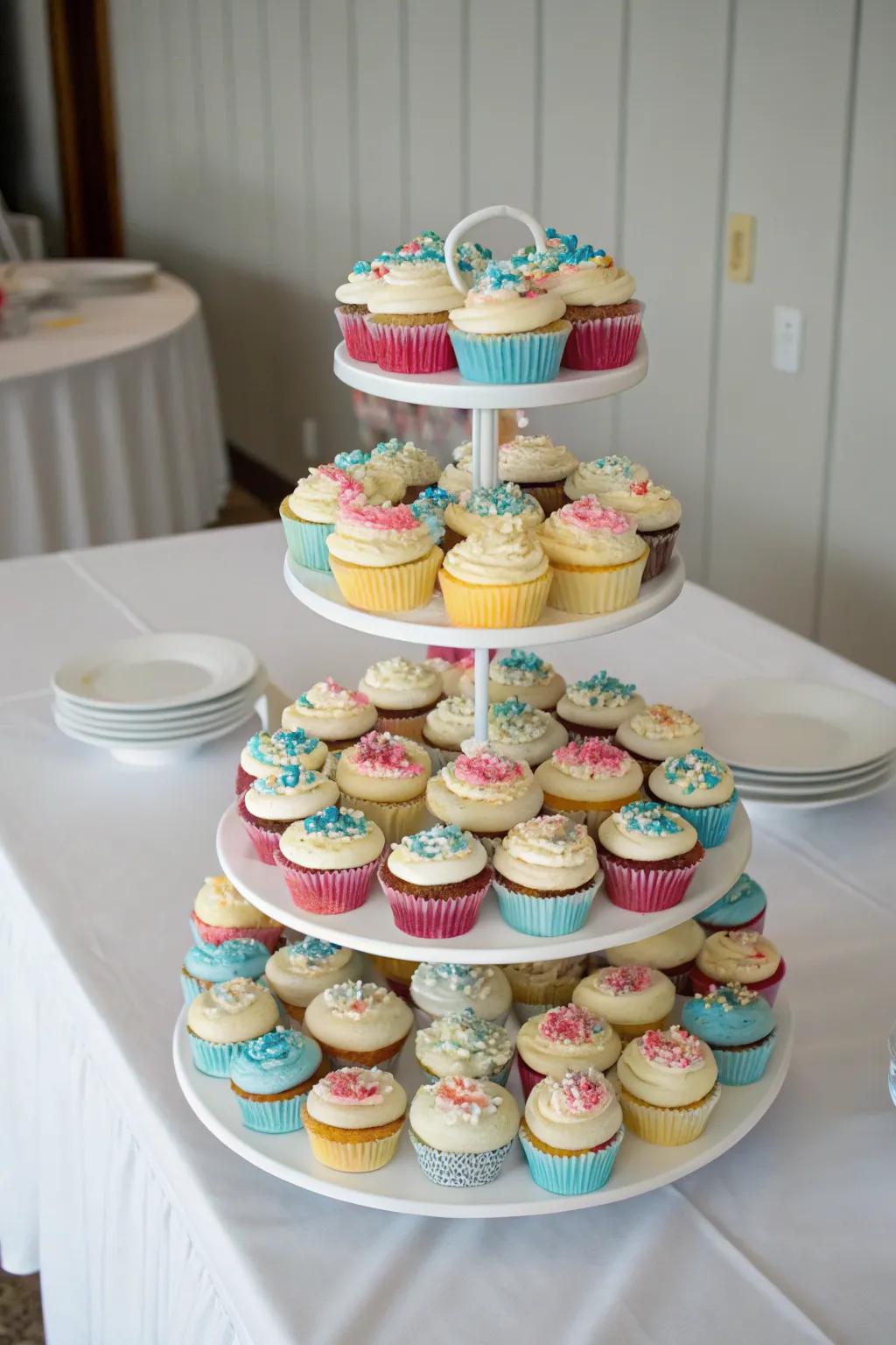 Cupcakes on a tiered stand, using various heights for a striking visual effect.