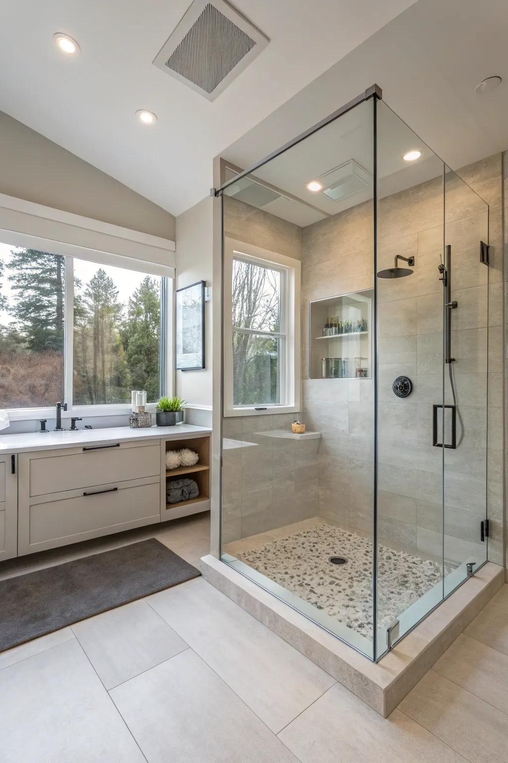 Frameless glass gives this bathroom a spacious and elegant feel, perfect for relaxation.
