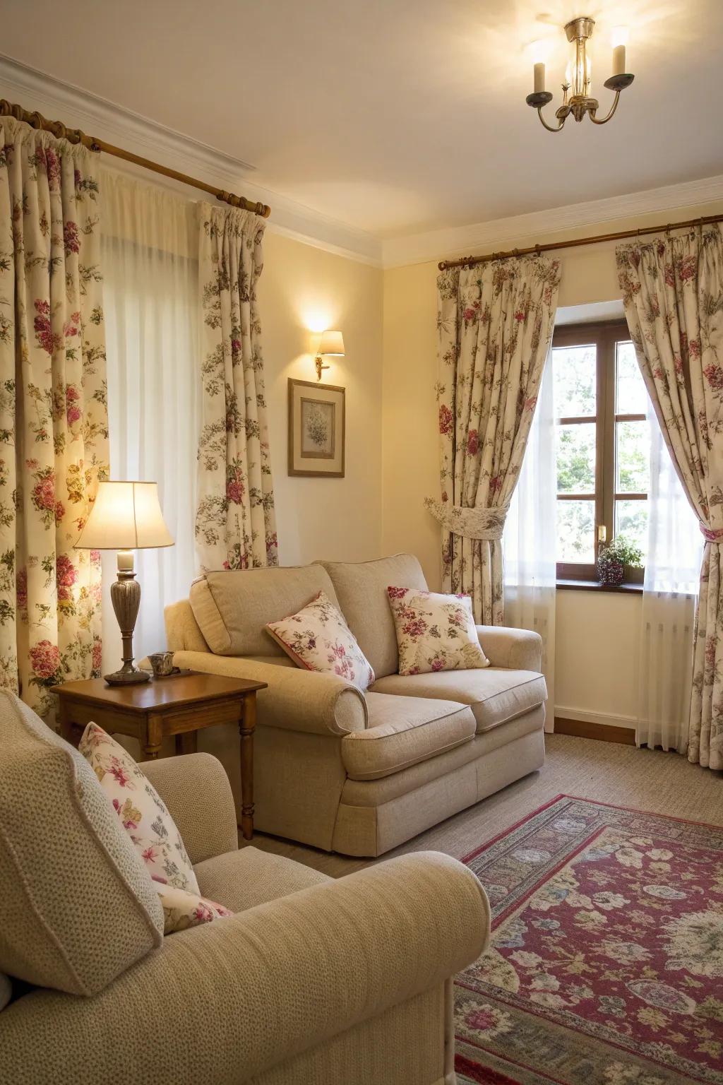 Drapes with floral patterns inject a lively feel into neutral environments.