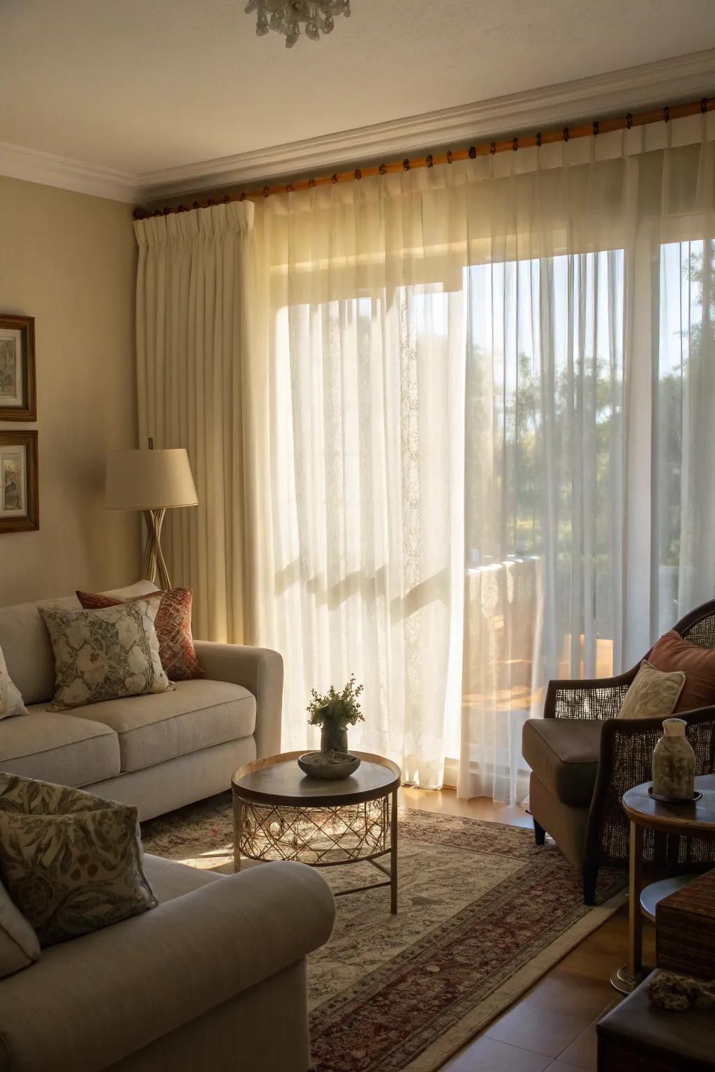 Layering curtains provides both elegance and adaptability.