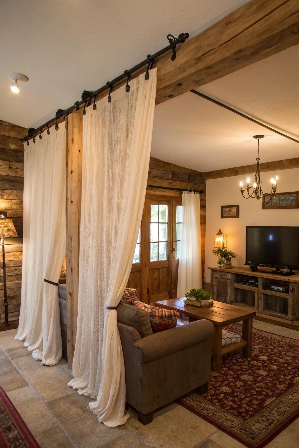 A delightful custom curtain rod fashioned from reclaimed wood introduces a rustic element.