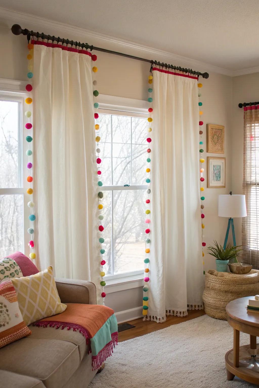 Living area curtains featuring playful orb embellishments.