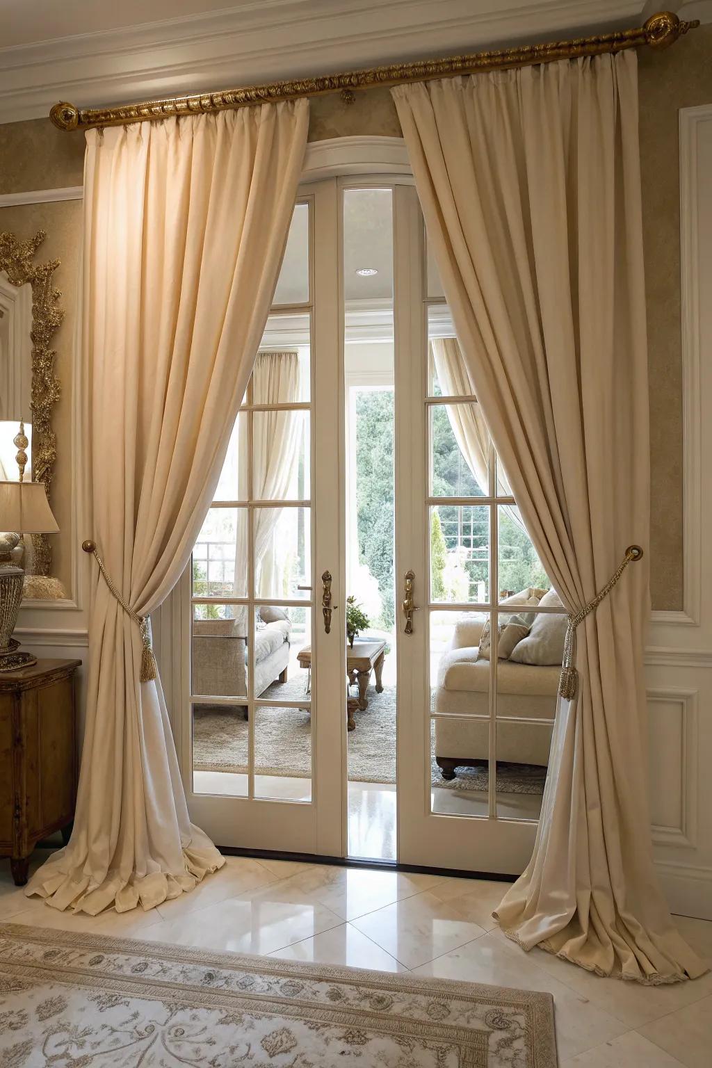 Neutral drapery imparts a refined air to French doors.