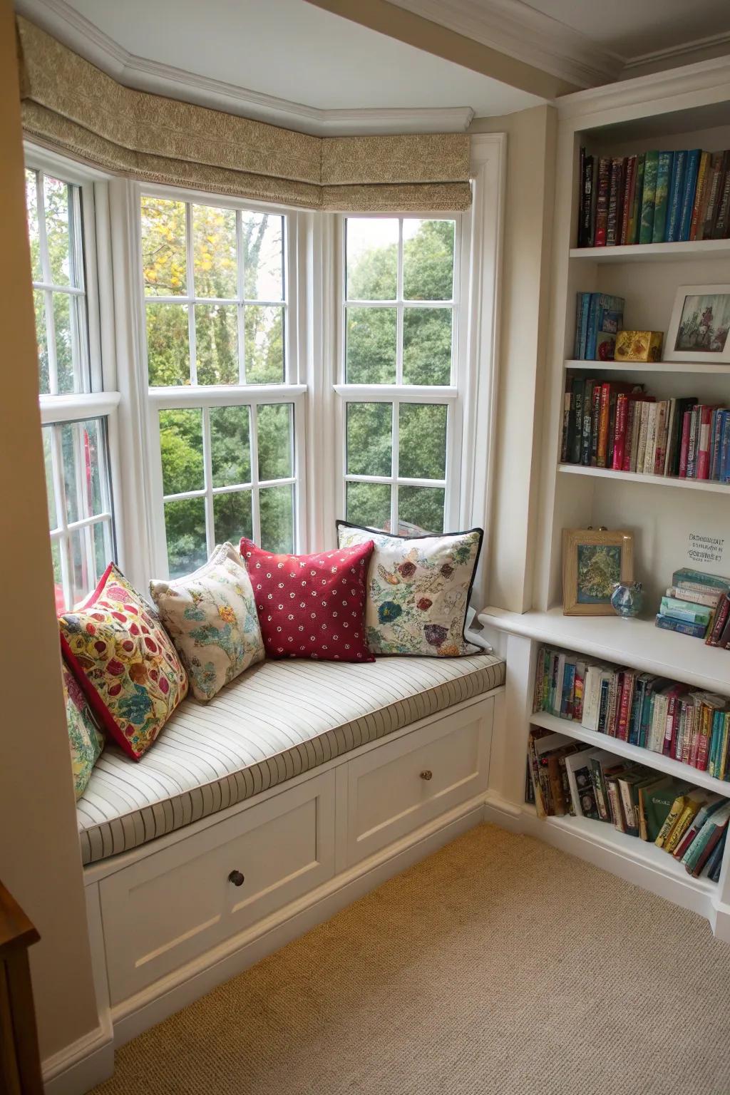 An irresistible reading corner cozily nestled within a curved bay window.