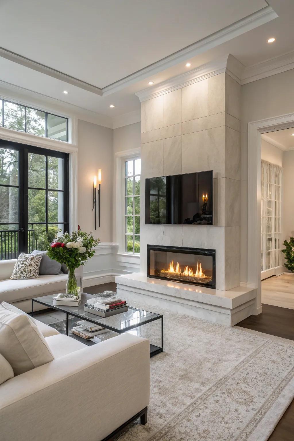 A contemporary glass-encased fireplace that radiates elegance and class.