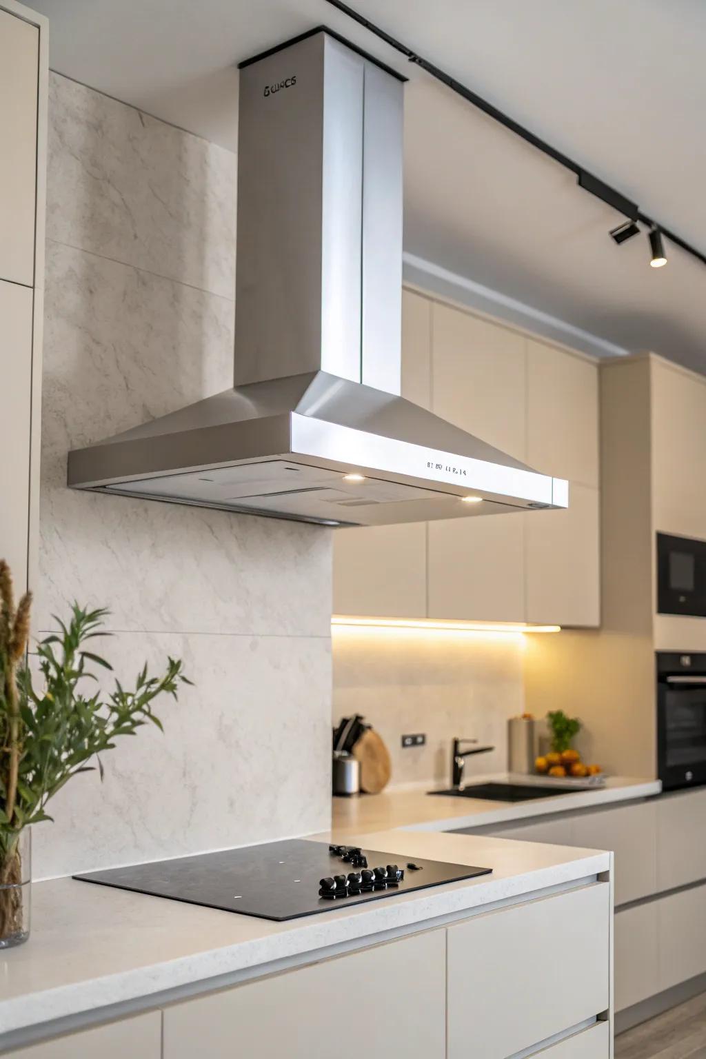 A minimalist range hood perfectly complements the pristine lines of a modern kitchen.