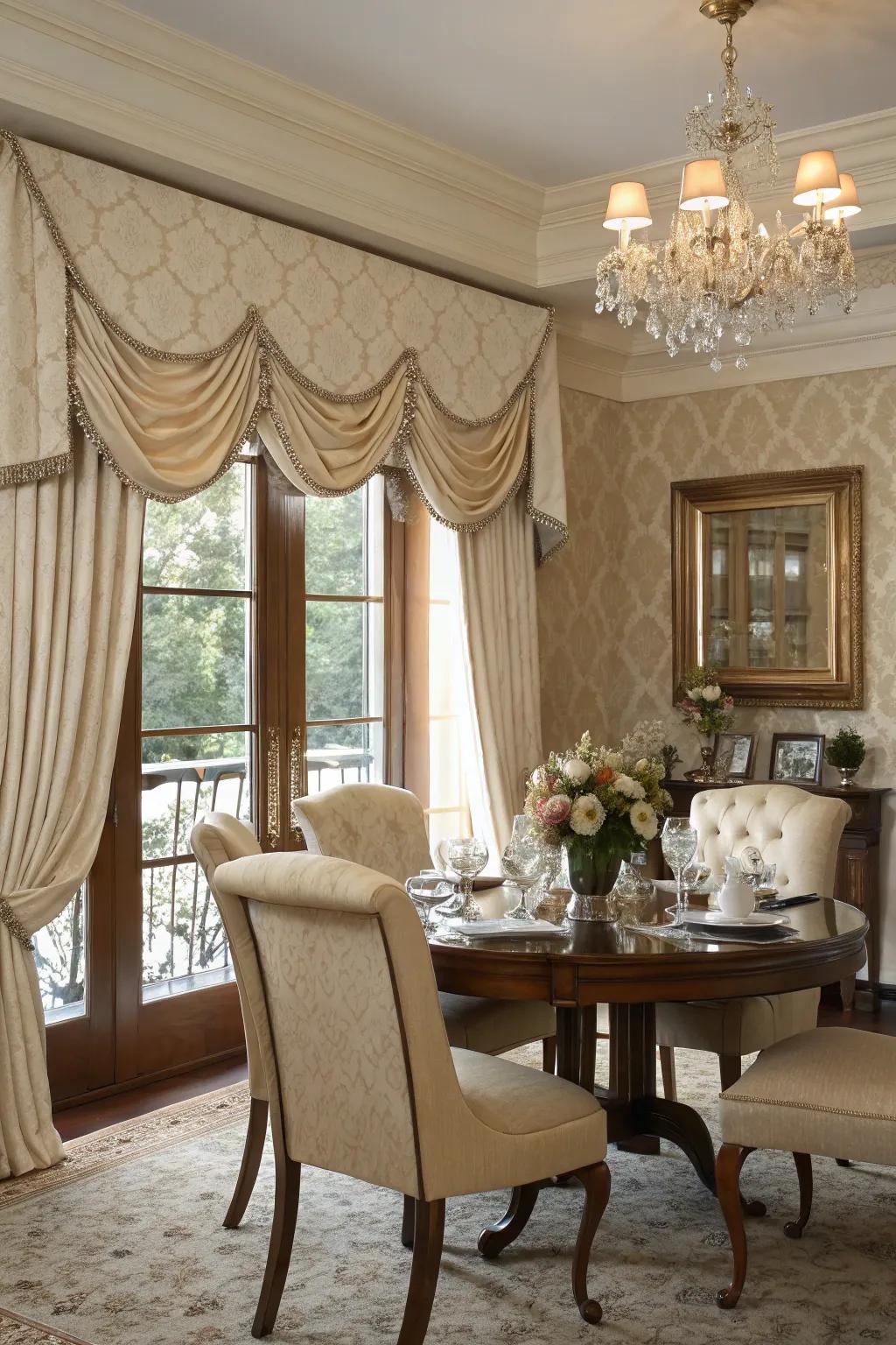 Board-mounted valances infuse a timeless elegance into any dining space.