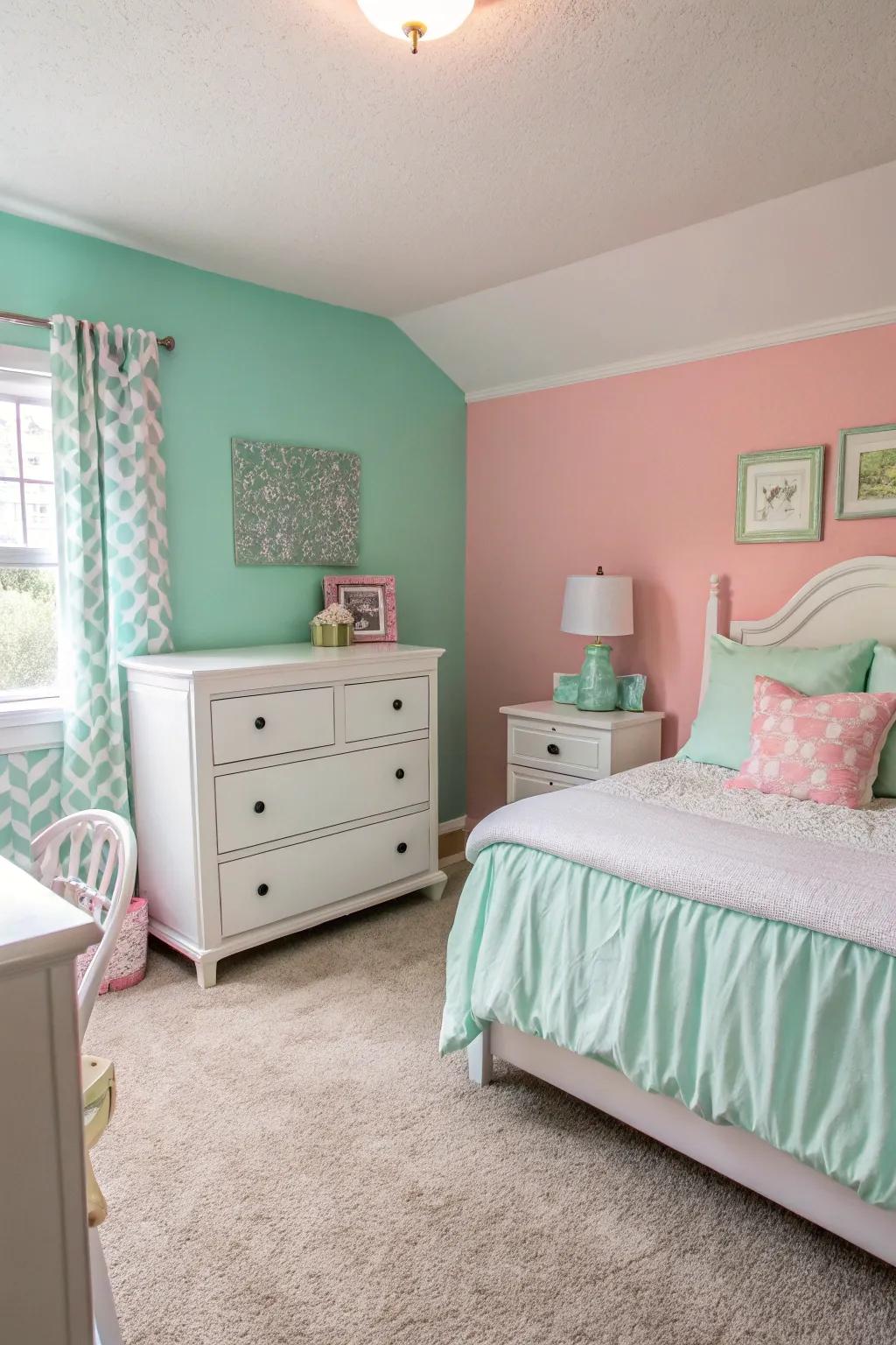 Bedroom featuring soft pinks and greens for a serene atmosphere.