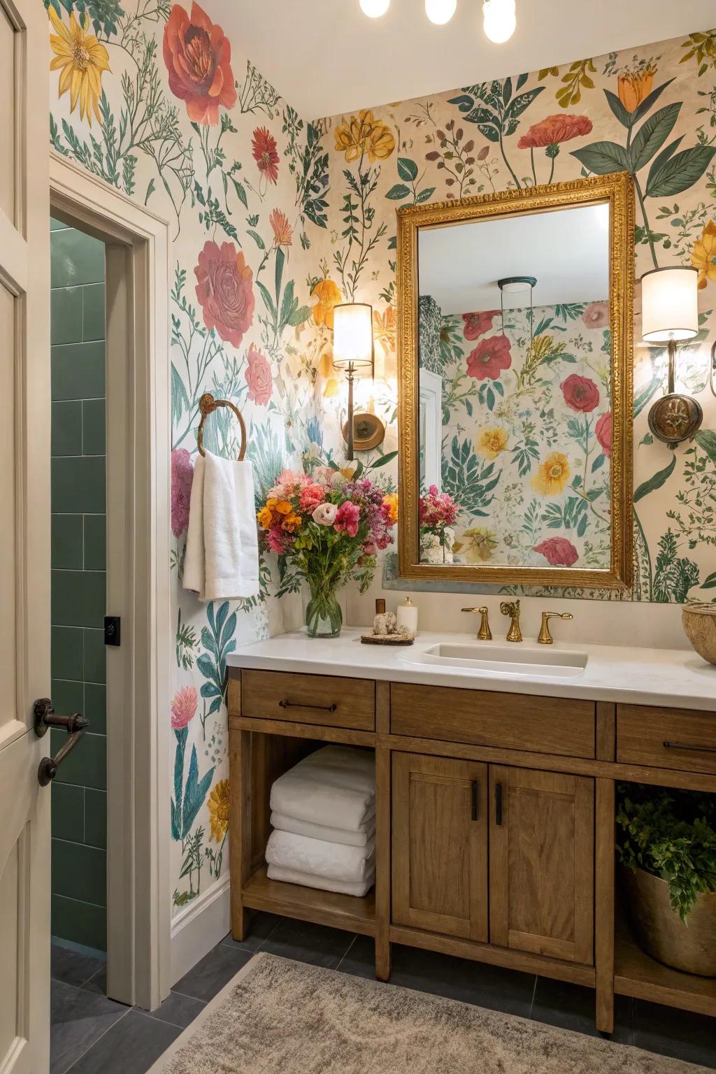 Floral wallcoverings bring a sense of nature and sophistication to any bathroom setting.