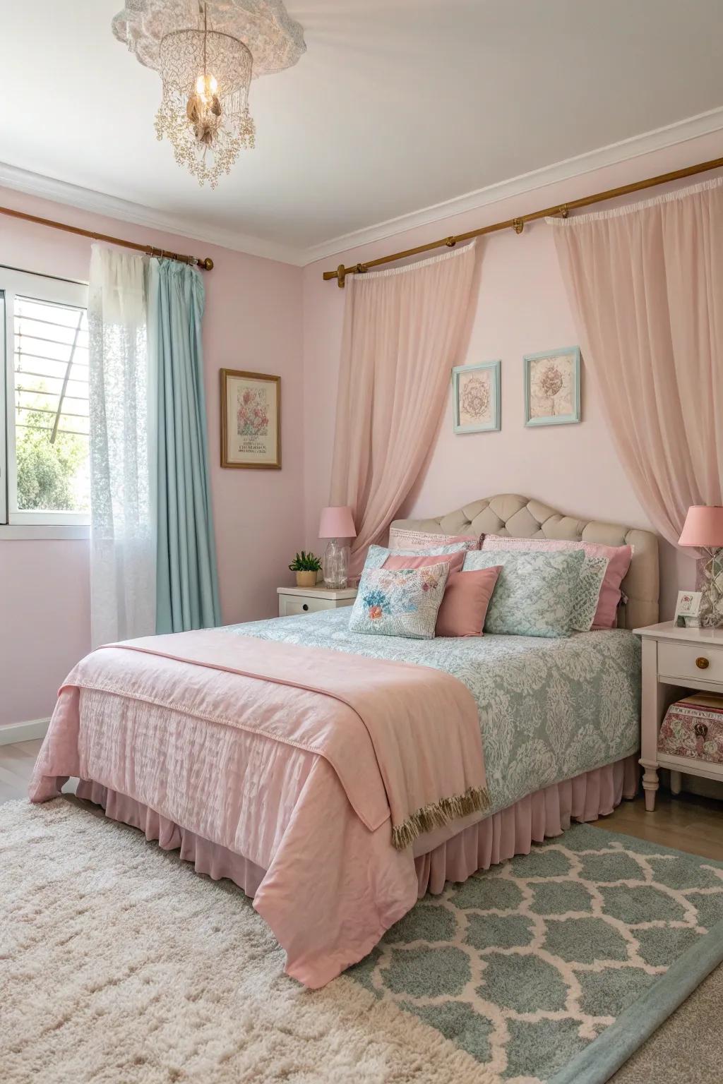 A tranquil and unified pastel-themed bedroom designed for sisters.