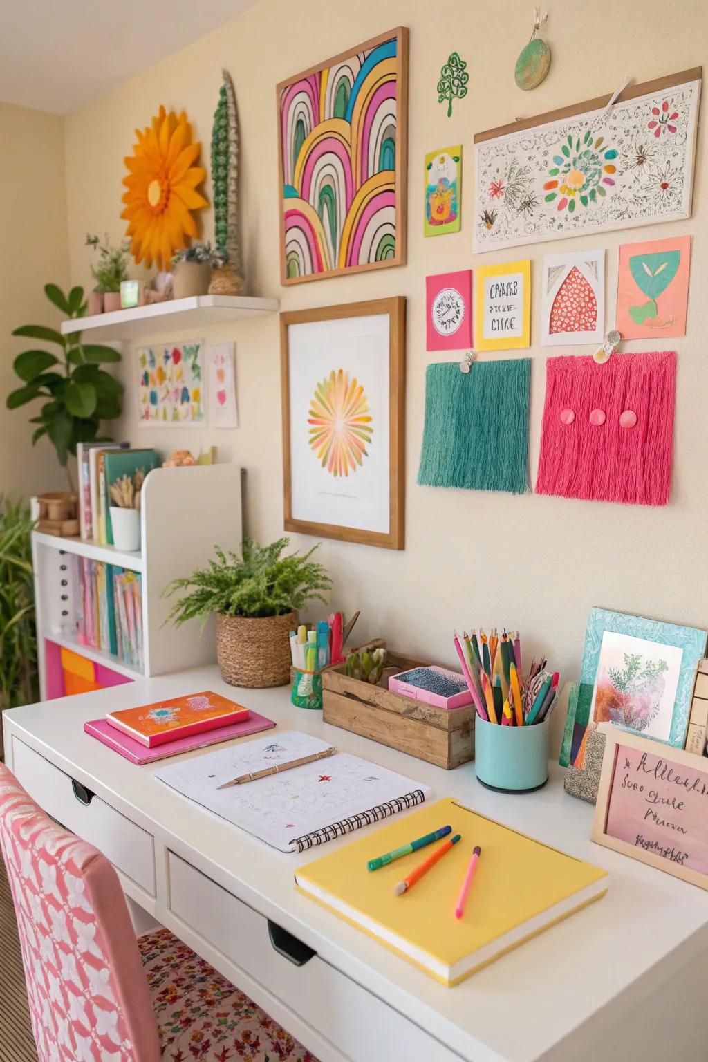 A desk featuring colorful ornaments and wall art, fostering a lively ambiance.