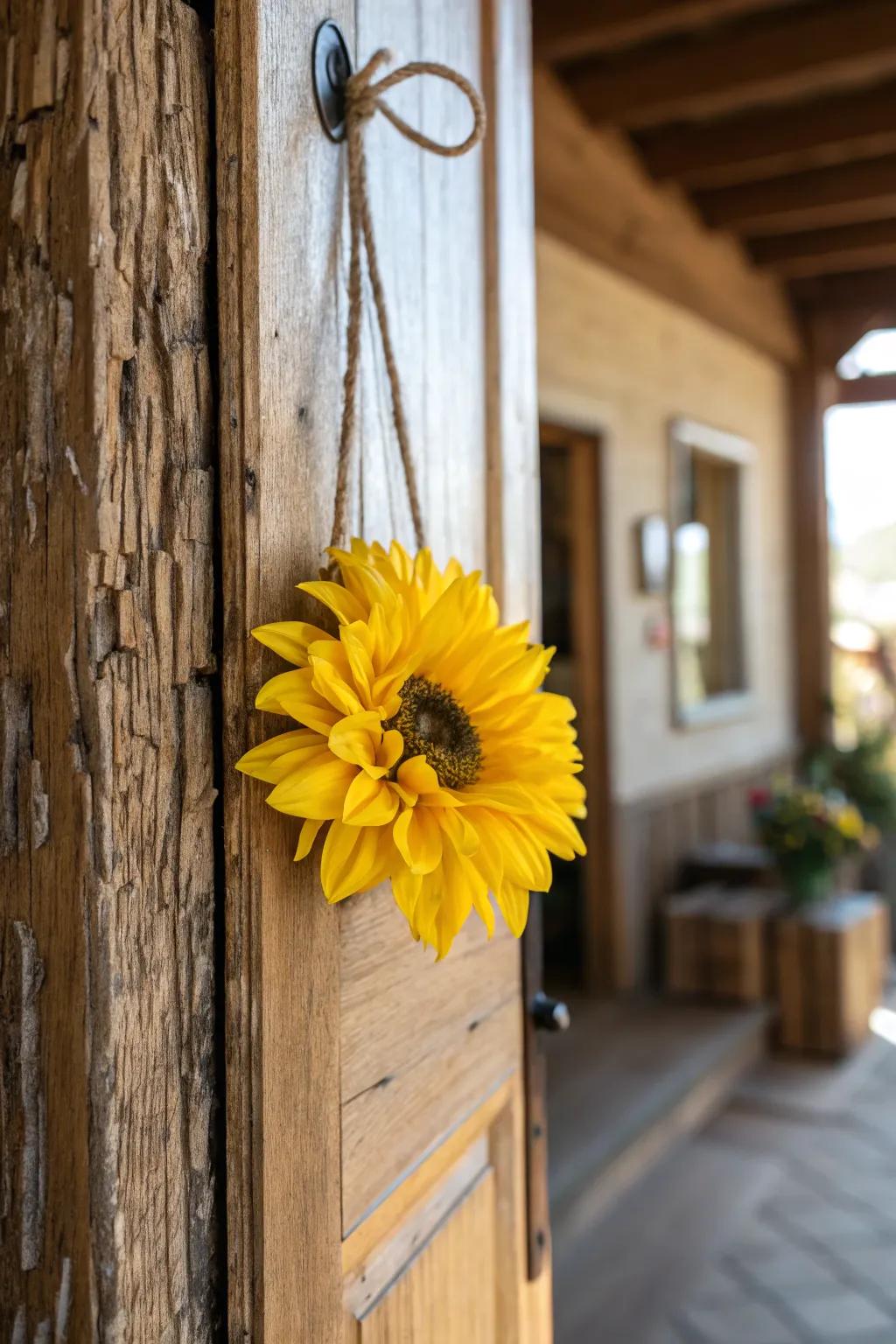A delightful sunflower door hanger, brimming with warmth and joy.
