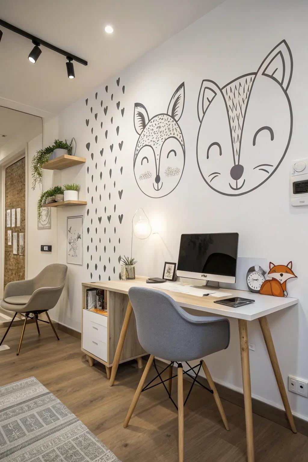 Simple animal faces contribute charm to a home office.