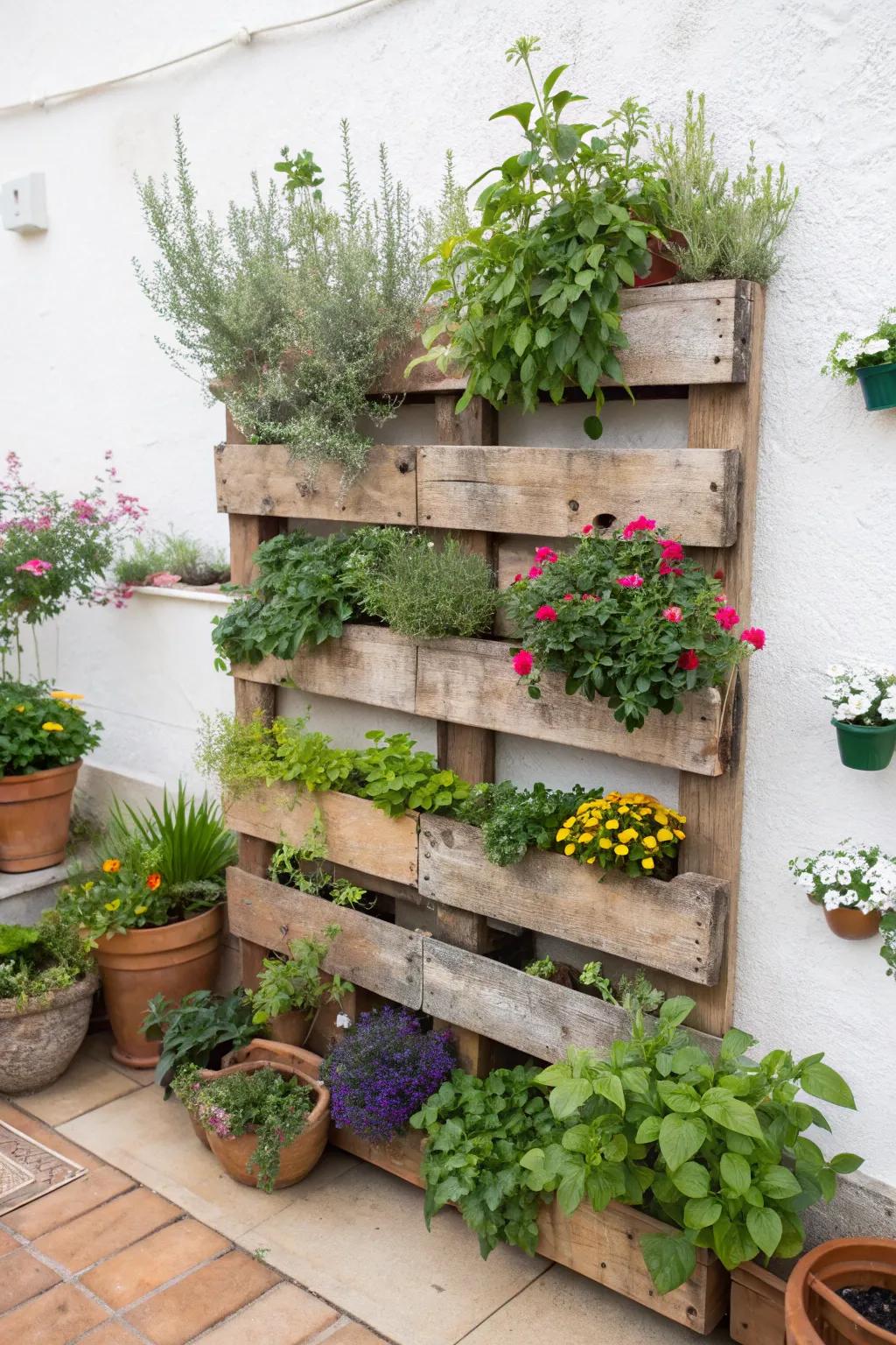 Elevated gardens crafted from pallets introduce both allure and practicality.