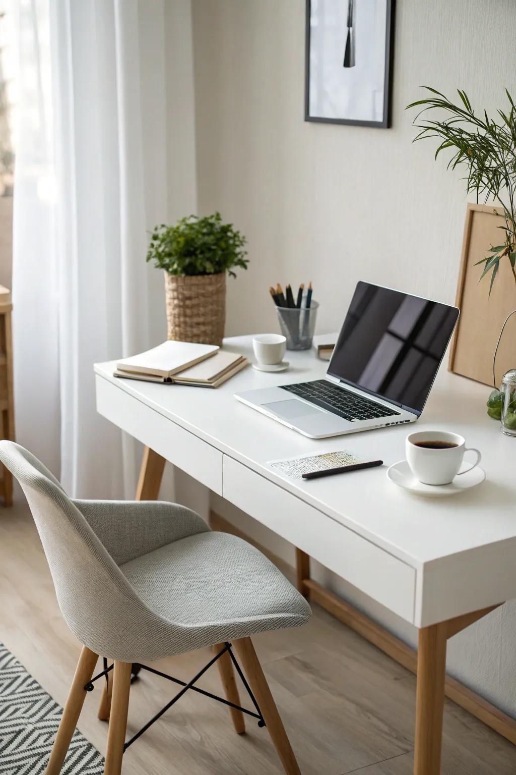 A minimalist home office featuring a streamlined white desk and simple decor.