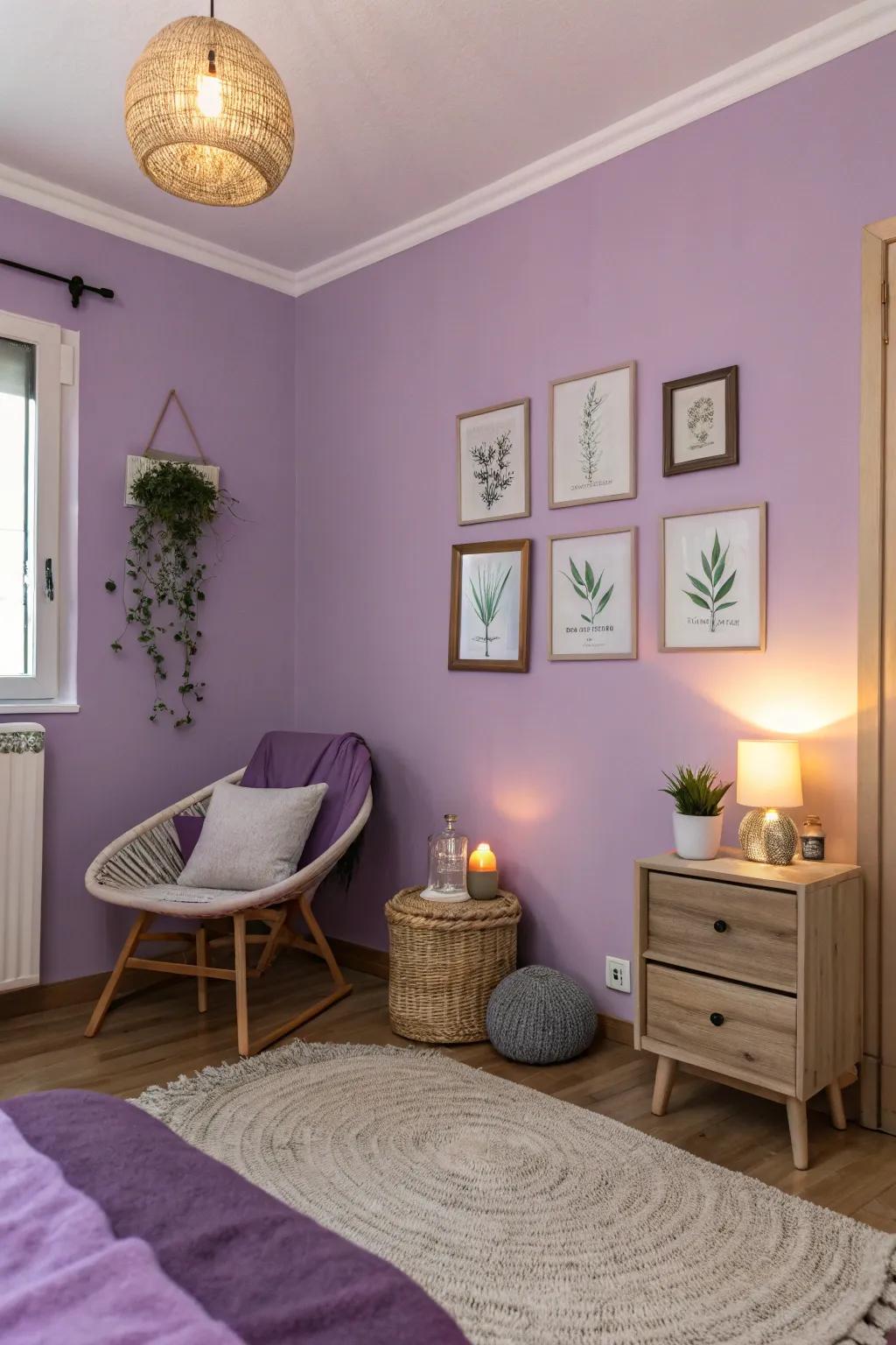 Lilac walls creating a serene and tranquil mood.