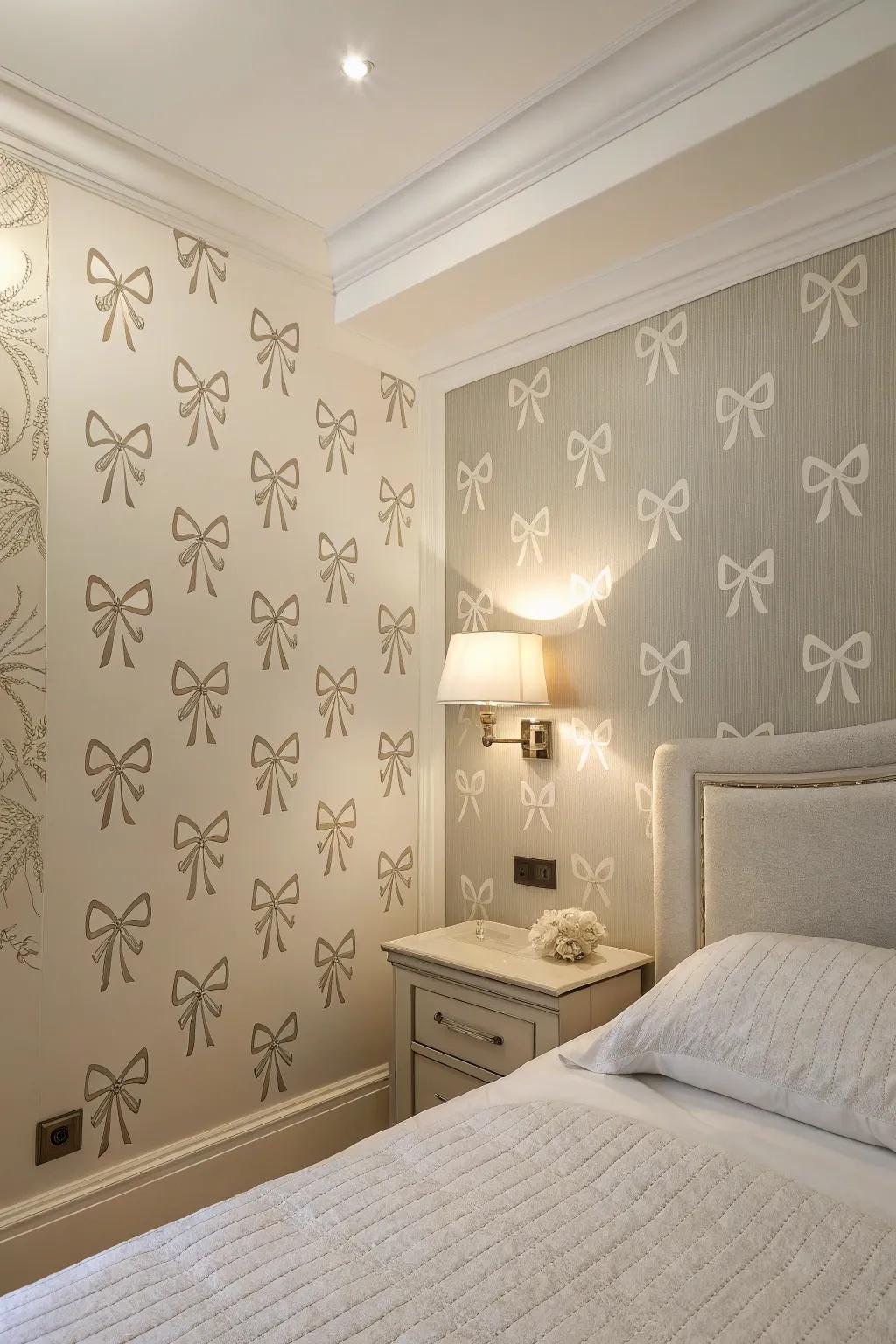 A bedroom wall decorated with a minimalist ribbon pattern wall covering, creating a serene ambiance.
