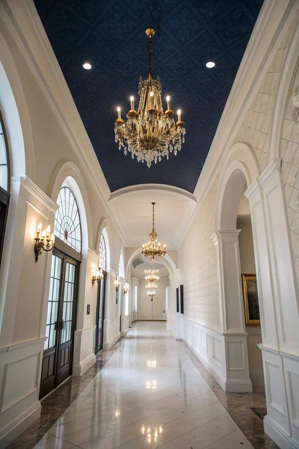 A sophisticated entryway showcasing a striking deeply shaded cerulean overhead.